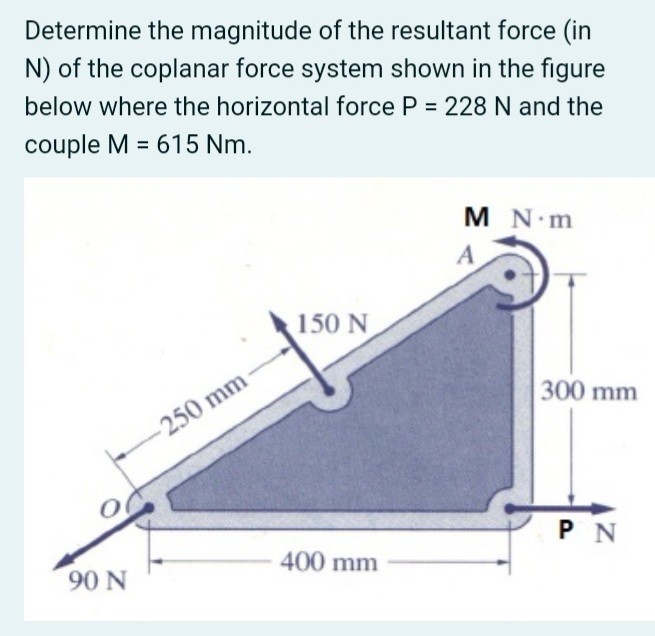 Determine the magnitude of the resultant force (in
N) of the coplanar force system shown in the figure
below where the horizontal force P = 228 N and the
couple M = 615 Nm.
M N m
A
150 N
300 mm
-250 mm
P N
400 mm
90 N
