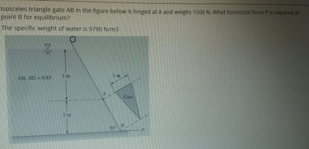 Isosceles triangle gate AB in the figure below is hinged at A and weighs 1500 N. What horizontal force P is required at
point B for equilibrium?
The specific weight of water is 9790 N/m3
Oil, SG =0.83
3m
Clate
2 m
