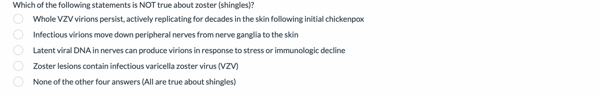 Which of the following statements is NOT true about zoster (shingles)?
Whole VZV virions persist, actively replicating for decades in the skin following initial chickenpox
Infectious virions move down peripheral nerves from nerve ganglia to the skin
Latent viral DNA in nerves can produce virions in response to stress or immunologic decline
Zoster lesions contain infectious varicella zoster virus (VZV)
None of the other four answers (All are true about shingles)