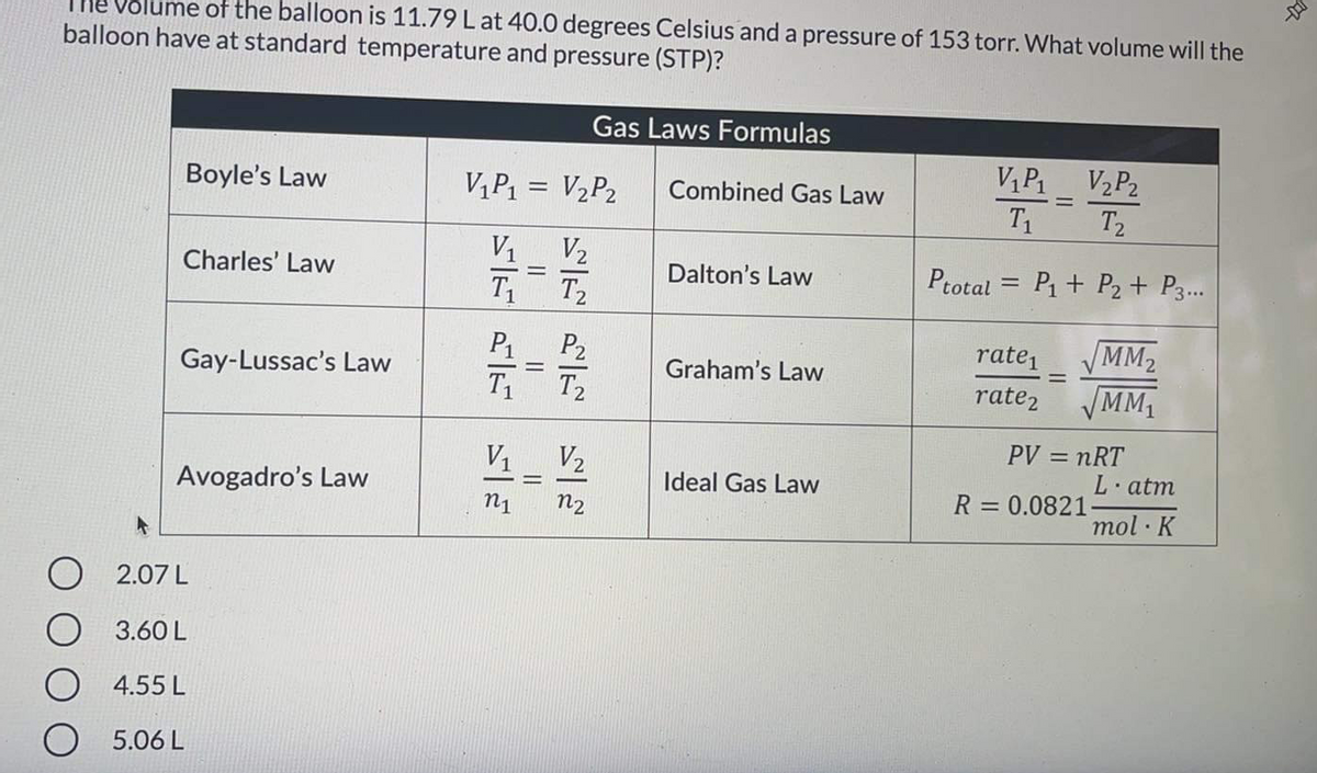 Volume of the balloon is 11.79 L at 40.0 degrees Celsius and a pressure of 153 torr. What volume will the
balloon have at standard temperature and pressure (STP)?
Gas Laws Formulas
V1P1
V2P2
Boyle's Law
V,P1 = V2P2
Combined Gas Law
%3D
T1
T2
V1 V2
T T
Charles' Law
Dalton's Law
Ptotal = P1 + P2+ P3.
MM2
MM1
P1
P2
rate,
Gay-Lussac's Law
Graham's Law
T T
rate2
V1 V2
PV = nRT
L·atm
%3D
Avogadro's Law
Ideal Gas Law
R = 0.0821-
n1
n2
mol K
O 2.07 L
3.60 L
4.55 L
5.06 L
||
