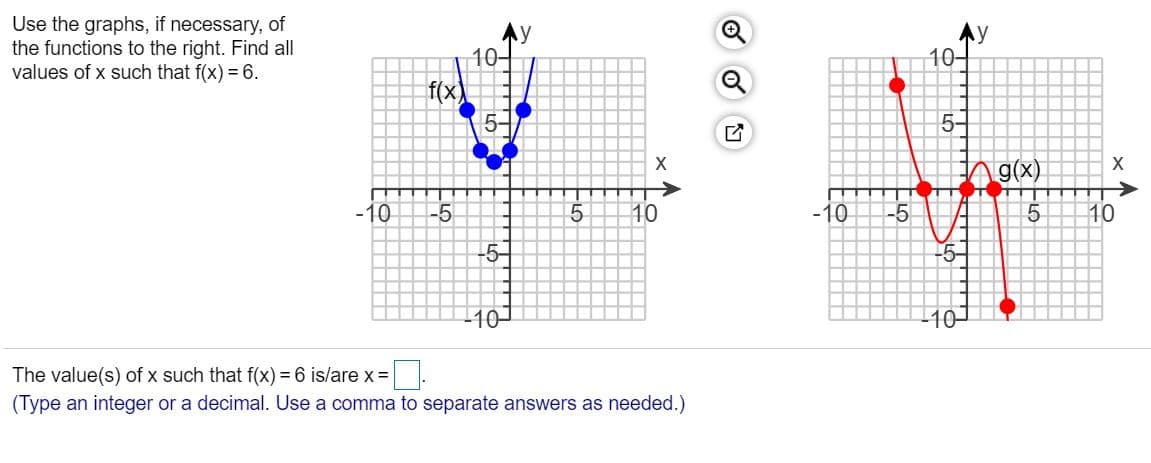 Use the graphs, if necessary, of
the functions to the right. Find all
values of x such that f(x) = 6.
10-
10-
f(x)
5-
5-
X
Ag(x)
-10
-5
10
-10
-5
10
-5-
5-
110-
110-
The value(s) of x such that f(x) = 6 is/are x =
(Type an integer or a decimal. Use a comma to separate answers as needed.)
