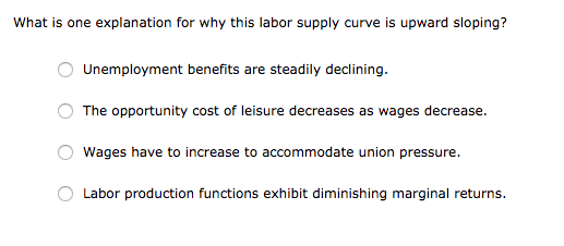 What is one explanation for why this labor supply curve is upward sloping?
Unemployment benefits are steadily declining.
The opportunity cost of leisure decreases as wages decrease.
Wages have to increase to accommodate union pressure.
Labor production functions exhibit diminishing marginal returns.