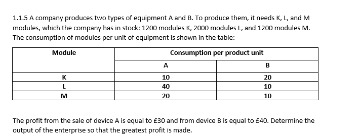 1.1.5 A company produces two types of equipment A and B. To produce them, it needs K, L, and M
modules, which the company has in stock: 1200 modules K, 2000 modules L, and 1200 modules M.
The consumption of modules per unit of equipment is shown in the table:
Module
Consumption per product unit
A
B
K
10
20
L
40
10
M
20
10
The profit from the sale of device A is equal to £30 and from device B is equal to £40. Determine the
output of the enterprise so that the greatest profit is made.