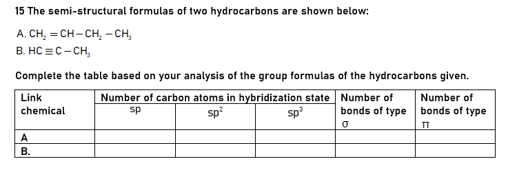 15 The semi-structural formulas of two hydrocarbons are shown below:
A. CH, = CH- CH, – CH,
B. HC =C- CH,
Complete the table based on your analysis of the group formulas of the hydrocarbons given.
Number of carbon atoms in hybridization state Number of
sp?
Link
Number of
chemical
sp
sp
bonds of type bonds of type
TT
A
В.
