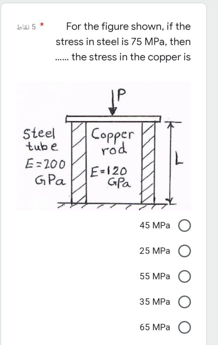 5 نقاط
*
For the figure shown, if the
stress in steel is 75 MPa, then
...... the stress in the copper is
JP
Copper
rod
E=120
GPa
Steel
tube
E=200
GPa
45 MPa O
25 MPa O
55 MPa O
35 MPa O
65 MPa O