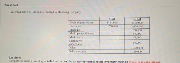 Question 8
Presented below is information related to Muharraq Company.
Cost
$484,000
Retail
$500,000
Beginning inventory
Purchases
1.750.000
3,450,000
Markups
160,000
Markup cancellations
65,000
Markdowns
49,000
Markdown
10,000
cancellations
Sales
3,320,000
Sales discount
140,000
Required:
Compute the ending inventory at retail and at cost by the conventional retail inventory method (Show your calculations),