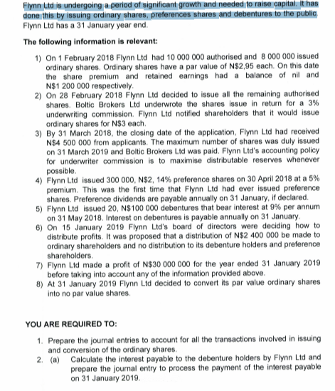 Flynn Ltd is undergoing a period of significant growth and needed to raise capital. It has
done this by issuing ordinary shares, preferences shares and debentures to the public.
Flynn Ltd has a 31 January year end.
The following information is relevant:
1) On 1 February 2018 Flynn Ltd had 10 000 000 authorised and 8 000 000 issued
ordinary shares. Ordinary shares have a par value of N$2,95 each. On this date
the share premium and retained earnings had a balance of nil and
N$1 200 000 respectively.
2) On 28 February 2018 Flynn Ltd decided to issue all the remaining authorised
shares. Boltic Brokers Ltd underwrote the shares issue in return for a 3%
underwriting commission. Flynn Ltd notified shareholders that it would issue
ordinary shares for N$3 each.
3) By 31 March 2018, the closing date of the application, Flynn Ltd had received
NS4 500 000 from applicants. The maximum number of shares was duly issued
on 31 March 2019 and Boltic Brokers Ltd was paid. Flynn Ltd's accounting policy
for underwriter commission is to maximise distributable reserves whenever
possible.
4) Flynn Ltd issued 300 000, N$2, 14% preference shares on 30 April 2018 at a 5%
premium. This was the first time that Flynn Ltd had ever issued preference
shares. Preference dividends are payable annually on 31 January, if declared.
5) Flynn Ltd issued 20, N$100 000 debentures that bear interest at 9% per annum
on 31 May 2018. Interest on debentures is payable annually on 31 January.
6) On 15 January 2019 Flynn Ltd's board of directors were deciding how to
distribute profits. It was proposed that a distribution of N$2 400 000 be made to
ordinary shareholders and no distribution to its debenture holders and preference
shareholders.
7) Flynn Ltd made a profit of N$30 000 000 for the year ended 31 January 2019.
before taking into account any of the information provided above.
8) At 31 January 2019 Flynn Ltd decided to convert its par value ordinary shares
into no par value shares.
YOU ARE REQUIRED TO:
1. Prepare the journal entries to account for all the transactions involved in issuing
and conversion of the ordinary shares.
2. (a) Calculate the interest payable to the debenture holders by Flynn Ltd and
prepare the journal entry to process the payment of the interest payable
on 31 January 2019.