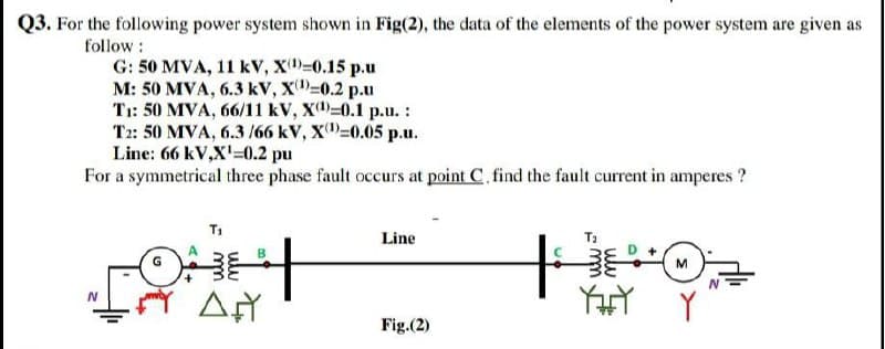 Q3. For the following power system shown in Fig(2), the data of the elements of the power system are given as
follow :
G: 50 MVA, 11 kVv, x)-0.15 p.u
M: 50 MVA, 6.3 kV, X-0.2 p.u
T1: 50 MVA, 66/11 kV, X-0.1 p.u. :
T2: 50 MVA, 6.3 /66 kV, X=0.05 p.u.
Line: 66 kV,X'-0.2 pu
For a symmetrical three phase fault occurs at point C. find the fault current in amperes ?
T1
Line
T1
Fig.(2)
