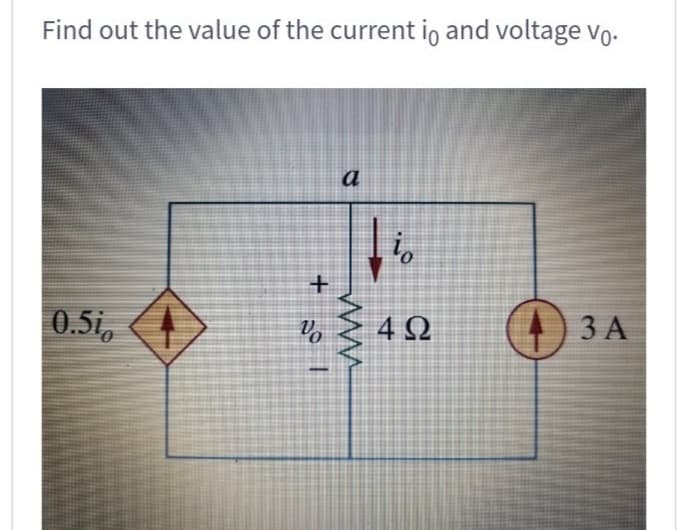 Find out the value of the current io and voltage vo.
0.5%
+
Vo
a
www
io
4Ω
O
3 A