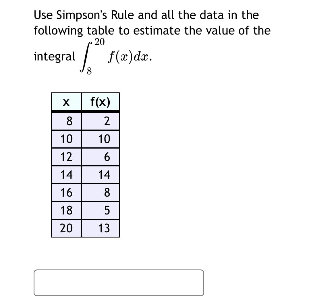 Use Simpson's Rule and all the data in the
following table to estimate the value of the
20
integral
f(x)dx.
f(x)
8
2
10
10
12
14
14
16
8
18
20
13
