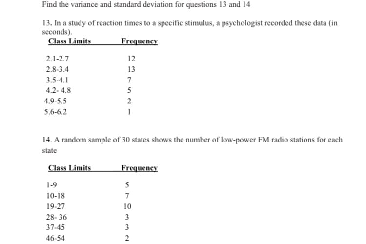 Find the variance and standard deviation for questions 13 and 14
13. In a study of reaction times to a specific stimulus, a psychologist recorded these data (in
seconds).
Class Limits
Frequency
2.1-2.7
12
2.8-3.4
13
3.5-4.1
7
4.2- 4.8
5
4.9-5.5
5.6-6.2
1
14. A random sample of 30 states shows the number of low-power FM radio stations for each
state
Class Limits
Frequency
1-9
5
10-18
7
19-27
10
28- 36
3
37-45
3
46-54
