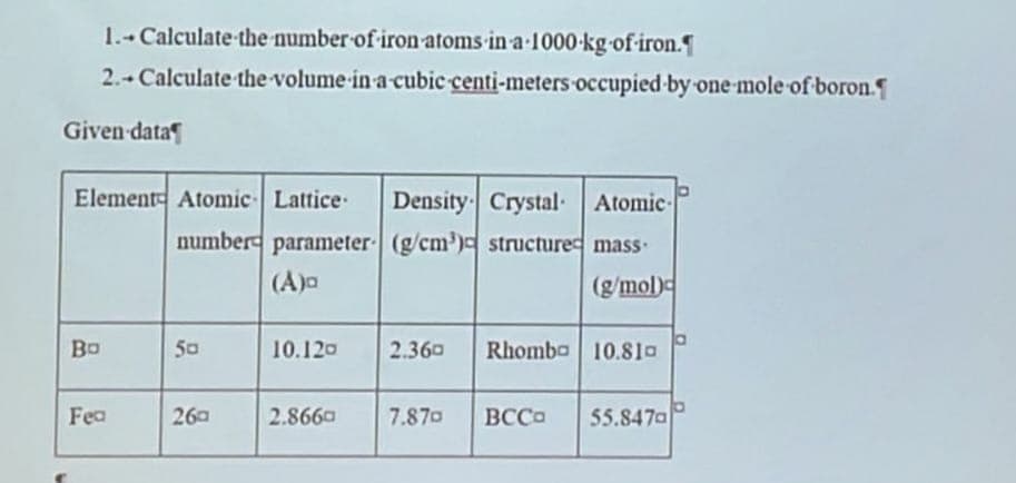 1.- Calculate the number of iron atoms in a 1000-kg-of-iron.
2. Calculate the volume in-a-cubic centi-meters occupied by one mole of boron.
Given data
Element Atomic Lattice- Density Crystal. Atomic-
number parameter (g/cm³) structured mass
(A)¤
(g/mol)
Во
Fea
50
260
10.120 2.360
2.866
Rhomba 10.810
7.870 BCCO 55.8470
