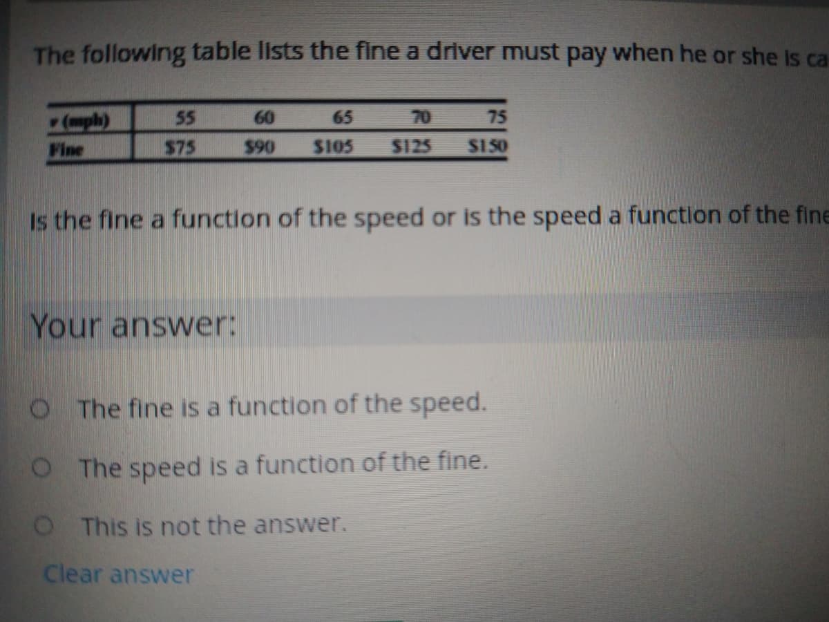 The following table lists the fine a driver must pay when he or she Is ca
55
60
65
70
75
(mph)
Fine
575
$90
S105
$125
S150
Is the fine a function of the speed or is the speed a function of the fine
Your answer:
The fine is a function of the speed.
The speed is a function of the fine.
O This is not the answer.
Clear answer
