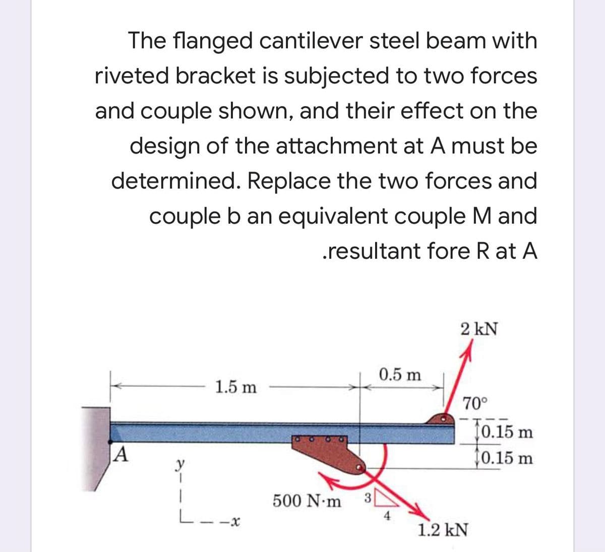 The flanged cantilever steel beam with
riveted bracket is subjected to two forces
and couple shown, and their effect on the
design of the attachment at A must be
determined. Replace the two forces and
couple b an equivalent couple M and
.resultant fore R at A
2 kN
0.5 m
1.5 m
70°
10.15 m
JA
0.15 m
500 N m
1.2 kN
