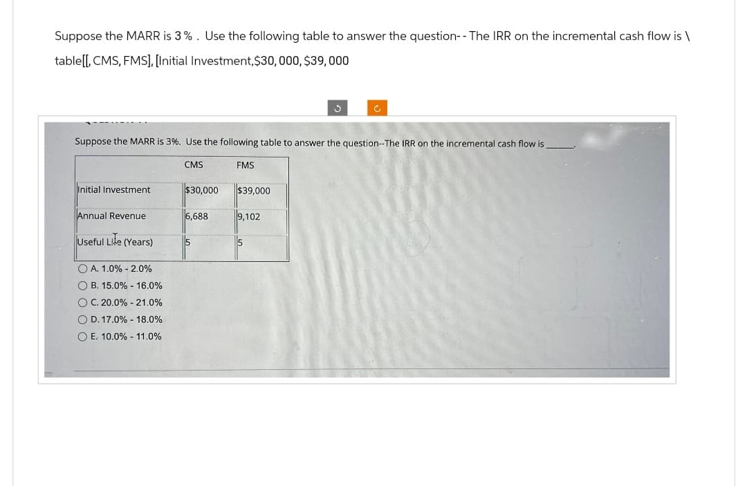 Suppose the MARR is 3%. Use the following table to answer the question-- The IRR on the incremental cash flow is \
table, CMS, FMS), [Initial Investment, $30,000, $39,000
Suppose the MARR is 3%. Use the following table to answer the question--The IRR on the incremental cash flow is.
CMS
FMS
Initial Investment
$30,000
$39,000
Annual Revenue
6,688
9,102
Useful Lite (Years)
5
OA. 1.0% 2.0%
B. 15.0% 16.0%
-
OC. 20.0% 21.0%
OD. 17.0% - 18.0%
OE. 10.0% 11.0%