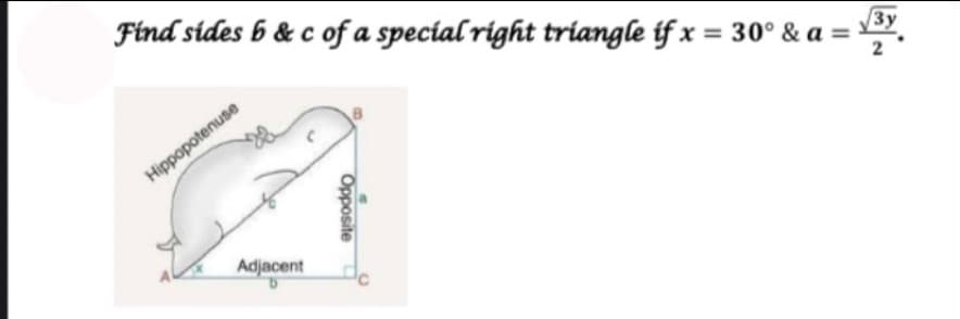 Find sides 6 & c of a special right triangle if x = 30° & a =
3y
2
Hippopotenuse
Adjacent
Opposite
