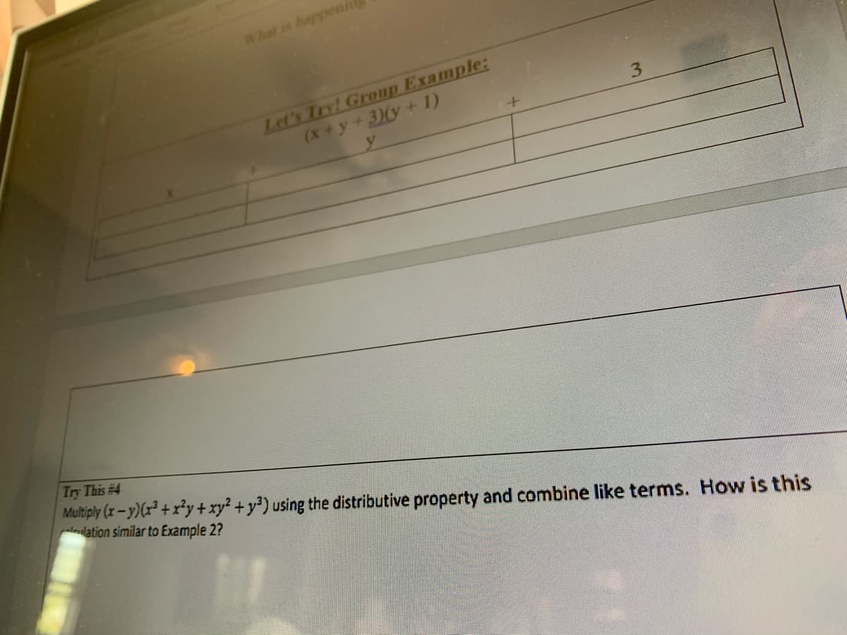 Try This #4
Multiply (x-y)(x² + x²y+ xy² + y³) using the distributive property and combine like terms. How is this
llation similar to Example 2?
