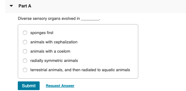 Part A
Diverse sensory organs evolved in
sponges first
animals with cephalization
animals with a coelom
radially symmetric animals
terrestrial animals, and then radiated to aquatic animals
Submit
Request Answer
