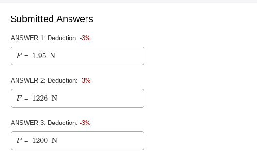 Submitted Answers
ANSWER 1: Deduction: -3%
F = 1.95 N
ANSWER 2: Deduction: -3%
F = 1226 N
ANSWER 3: Deduction: -3%
F = 1200
N
