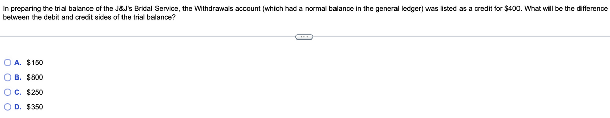 In preparing the trial balance of the J&J's Bridal Service, the Withdrawals account (which had a normal balance in the general ledger) was listed as a credit for $400. What will be the difference
between the debit and credit sides of the trial balance?
A. $150
B. $800
C. $250
D. $350