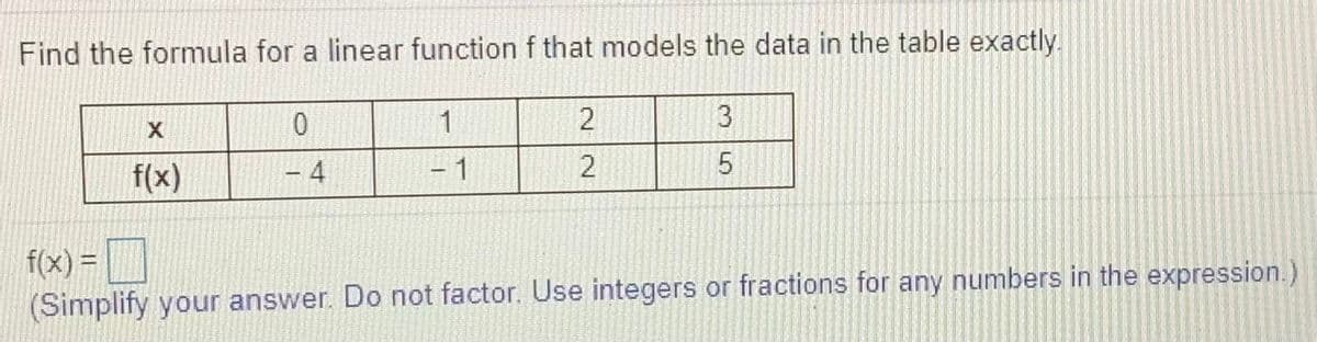 Find the formula for a linear function f that models the data in the table exactly.
1
2
f(x)
4
1
f(x) = D
(Simplify your answer. Do not factor. Use integers or fractions for any numbers in the expression.)
