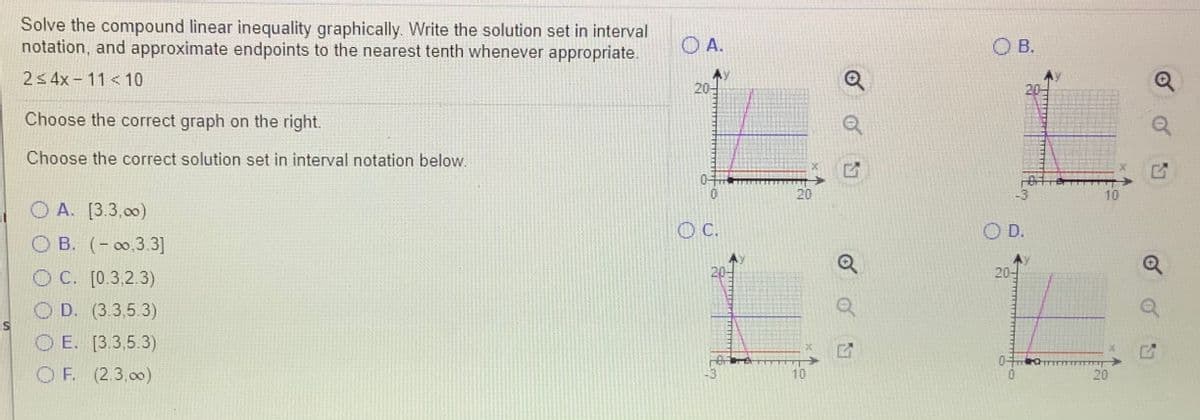Solve the compound linear inequality graphically. Write the solution set in interval
notation, and approximate endpoints to the nearest tenth whenever appropriate.
O A.
O B.
2s 4x - 11 < 10
20-
20
Choose the correct graph on the right.
Choose the correct solution set in interval notation below.
20
-3
10
O A. [3.3,00)
C.
O D.
O B. (- 0,3.3]
O C. [0.3,2.3)
20-
O D. (3.3,5.3)
O E. [3.3,5.3)
OF. (2.3,00)
10
0.
20
