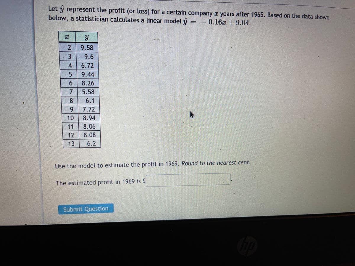 Let y represent the profit (or loss) for a certain company z years after 1965. Based on the data shown
below, a statistician calculates a linear model ý
0.16x +9.04.
2 9.58
9.6
4.
6.72
5.
9.44
6.
8.26
5.58
8.
6.1
7.72
10
8.06
6.
8.94
11
12
13
8.08
6.2
Use the model to estimate the profit in 1969. Round to the nearest cent.
The estimated profit in 1969 is S
Submit Question
