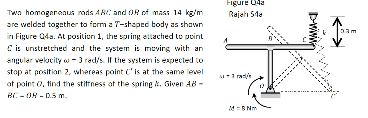 Figure Q4a
Two homogeneous rods ABC and OB of mass 14 kg/m
Rajah S4a
are welded together to form a T-shaped body as shown
0.3 m
in Figure Q4a. At position 1, the spring attached to point
C is unstretched and the system is moving with an
A
C
angular velocity w = 3 rad/s. If the system is expected to
stop at position 2, whereas point C' is at the same level
w = 3 rad/s
of point 0, find the stiffness of the spring k. Given AB =
ВС 3 ОВ 3 0.5 m.
M = 8 Nm
