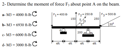 2- Determine the moment of force F3 about point A on the beam.
а- М3 - 4000 f-ЬС
F1=400 lb
F2=250 lb
F3= 500 lb
150
250
b- M3 = 6930 ft-lb'
30°
AO
с- МЗ - 6000 f-ЬС
200
d- M3 = 3000 ft-lb C
4ft
4ft
4ft
4ft
