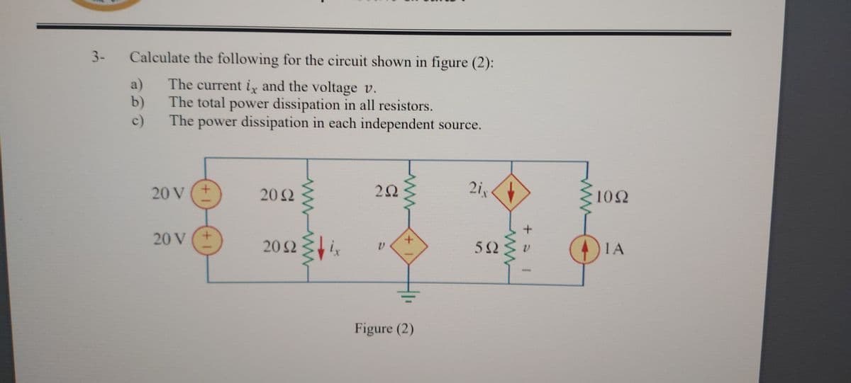3-
Calculate the following for the circuit shown in figure (2):
a)
The current i, and the voltage v.
b)
The total power dissipation in all resistors.
c)
The power dissipation in each independent source.
22
2ix
10N
20 V
202
+.
20 V (+
52
IA
202
Figure (2)
++
