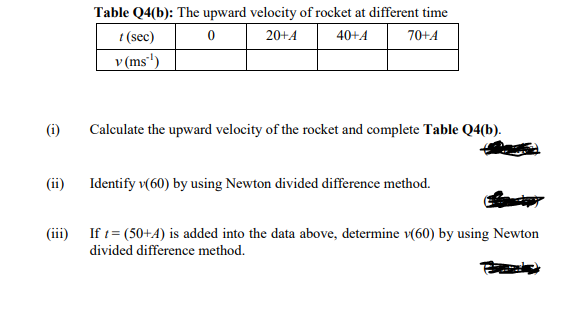 Table Q4(b): The upward velocity of rocket at different time
t (sec)
20+A
40+A
70+A
v (ms'')
(i)
Calculate the upward velocity of the rocket and complete Table Q4(b).
(ii)
Identify v(60) by using Newton divided difference method.
(iii)
If t= (50+4) is added into the data above, determine v(60) by using Newton
divided difference method.
