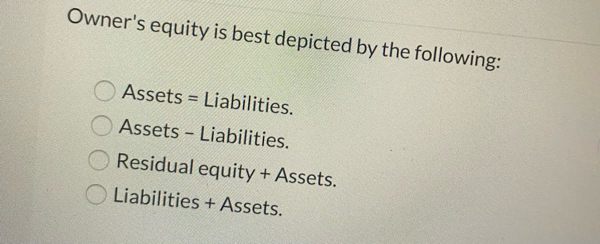 Owner's equity is best depicted by the following:
Assets = Liabilities.
%3D
Assets - Liabilities.
Residual equity + Assets.
Liabilities + Assets.

