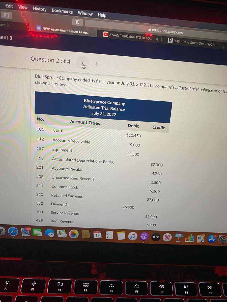 Edit View History Bookmarks Window Help
ment 3
A education.wiley.com
NWP Assessment Player UI Ap.
DAYAAN TOROMSO IYO DEEQ..
A CH3 - Case Study One - Sp22..
ent 3
Question 2 of 4
<>
Blue Spruce Company ended its fiscal year on July 31, 2022. The company's adjusted trial balance as of the
shown as follows.
Blue Spruce Company
Adjusted Trial Balance
July 31, 2022
No.
Account Titles
Debit
Credit
101
Cash
$10,450
112
Accounts Receivable
9,000
157
Equipment
15,500
158
Accumulated Depreciation–Equip.
$7,000
201
Accounts Payable
4,750
208
Unearned Rent Revenue
1,500
311
Common Stock
19,100
320
Retained Earnings
27,000
332
Dividends
16,500
400
Service Revenue
63,000
429
Rent Revenue
6,000
tv
DII
80
888
F9
F5
F6
F7
F8
F1
F2
F3
F4
会:
