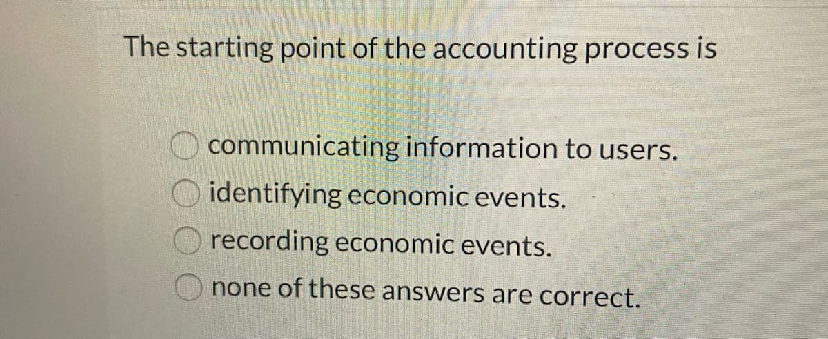 The starting point of the accounting process is
communicating information to users.
identifying economic events.
recording economic events.
none of these answers are correct.
