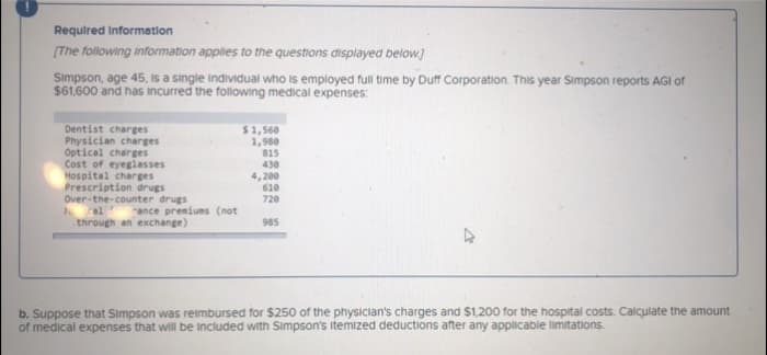 Required Information
[The following information applies to the questions displayed below.]
Simpson, age 45, is a single individual who is employed full time by Duff Corporation. This year Simpson reports AGI of
$61,600 and has incurred the following medical expenses:
$1,560
1,980
815
Dentist charges
Physician charges
Optical charges
Cost of eyeglasses
Hospital charges
Prescription drugs
Over-the-counter drugs
cal s
430
4,200
610
720
rance premiums (not
through an exchange)
985
b. Suppose that Simpson was reimbursed for $250 of the physician's charges and $1,200 for the hospital costs. Calculate the amount
of medical expenses that will be included with Simpson's itemized deductions after any applicable limitations.