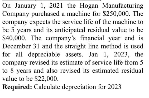 On January 1, 2021 the Hogan Manufacturing
Company purchased a machine for $250,000. The
company expects the service life of the machine to
be 5 years and its anticipated residual value to be
$40,000. The company's financial year end is
December 31 and the straight line method is used
for all depreciable assets. Jan 1, 2023, the
company revised its estimate of service life from 5
to 8 years and also revised its estimated residual
value to be $22,000.
Required: Calculate depreciation for 2023