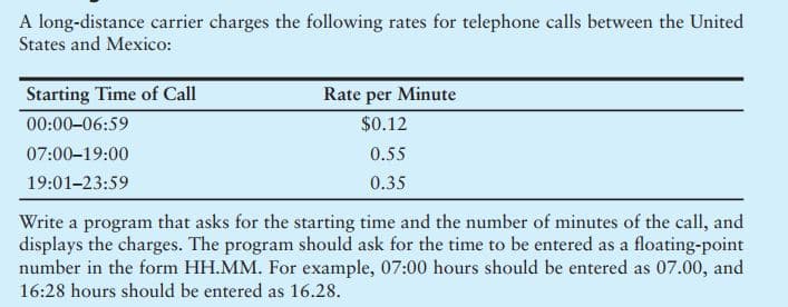 A long-distance carrier charges the following rates for telephone calls between the United
States and Mexico:
Starting Time of Call
Rate per Minute
00:00-06:59
$0.12
07:00–19:00
0.55
19:01-23:59
0.35
Write a program that asks for the starting time and the number of minutes of the call, and
displays the charges. The program should ask for the time to be entered as a floating-point
number in the form HH.MM. For example, 07:00 hours should be entered as 07.00, and
16:28 hours should be entered as 16.28.
