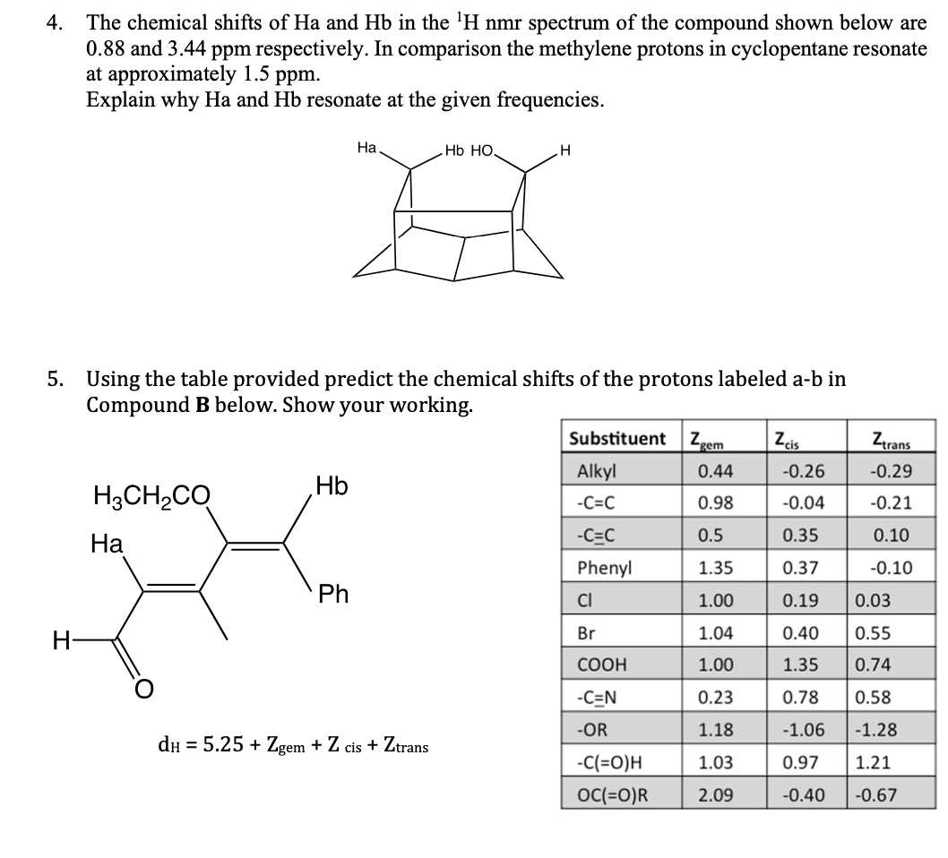 4. The chemical shifts of Ha and Hb in the ¹H nmr spectrum of the compound shown below are
0.88 and 3.44 ppm respectively. In comparison the methylene protons in cyclopentane resonate
at approximately 1.5 ppm.
Explain why Ha and Hb resonate at the given frequencies.
H
H3CH₂CO
5. Using the table provided predict the chemical shifts of the protons labeled a-b in
Compound B below. Show your working.
Ha
Hb
Ha
Ph
Hb HO
dH = 5.25 + Zgem + Z cis + Ztrans
H
Substituent Zgem
0.44
0.98
0.5
1.35
1.00
1.04
1.00
0.23
1.18
1.03
2.09
Alkyl
-C=C
-C=C
Phenyl
CI
Br
COOH
-C=N
-OR
-C(=O)H
OC(=O)R
Zcis
Ztrans
-0.29
-0.21
0.10
-0.10
-0.26
-0.04
0.35
0.37
0.19
0.03
0.40
0.55
1.35
0.74
0.78
0.58
-1.06
-1.28
0.97 1.21
-0.40 -0.67