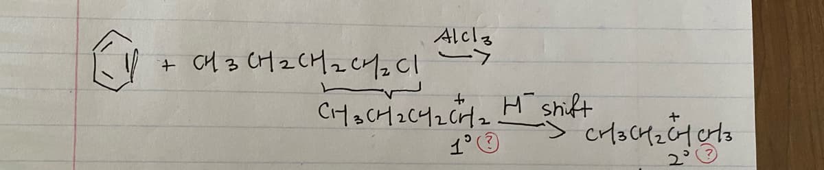 +
Alcl3
CH 3 CH 2 CH ₂ CH₂ C1 -->
~
CH3CH₂CH2CH₂ H shift
1°Ⓒ
+
어