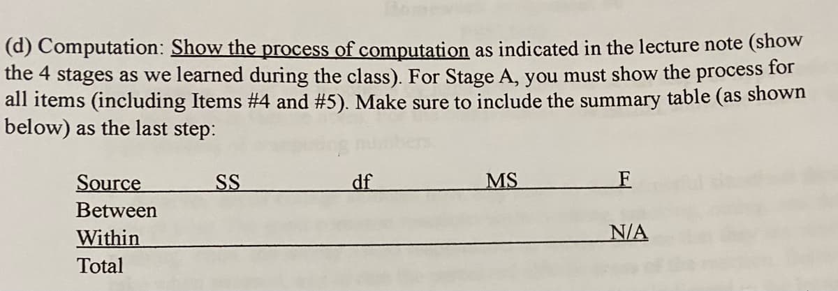 (d) Computation: Show the process of computation as indicated in the lecture note (show
the 4 stages as we learned during the class). For Stage A, you must show the process for
all items (including Items #4 and #5). Make sure to include the summary table (as shown
below) as the last step:
Source
Between
Within
Total
SS
df
MS
F
N/A