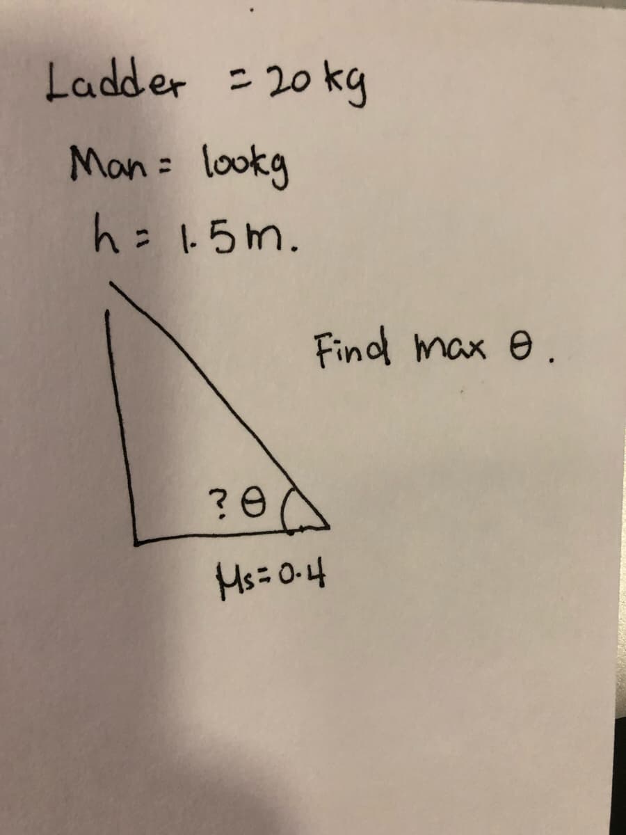 Ladder = 20 kg
Man= lookg
h=15m.
Find max e.
?e
Ms=0-4
