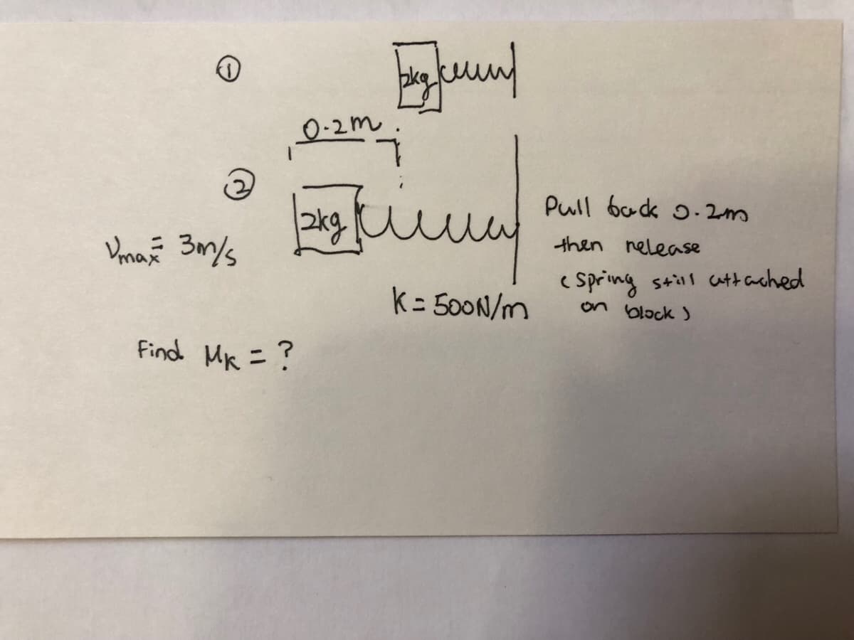 0-2m
Pull back o.2m
2kg
then nelease
( Spring still cattached
on block J
k= 500N/m
Find Mk =?
