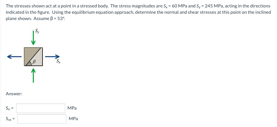 The stresses shown act at a point in a stressed body. The stress magnitudes are Sy = 60 MPa and Sy = 245 MPa, acting in the directions
indicated in the figure. Using the equilibrium equation approach, determine the normal and shear stresses at this point on the inclined
plane shown. Assume B = 53°.
S,
Answer:
Sn =
MPa
Snt =
MPa
