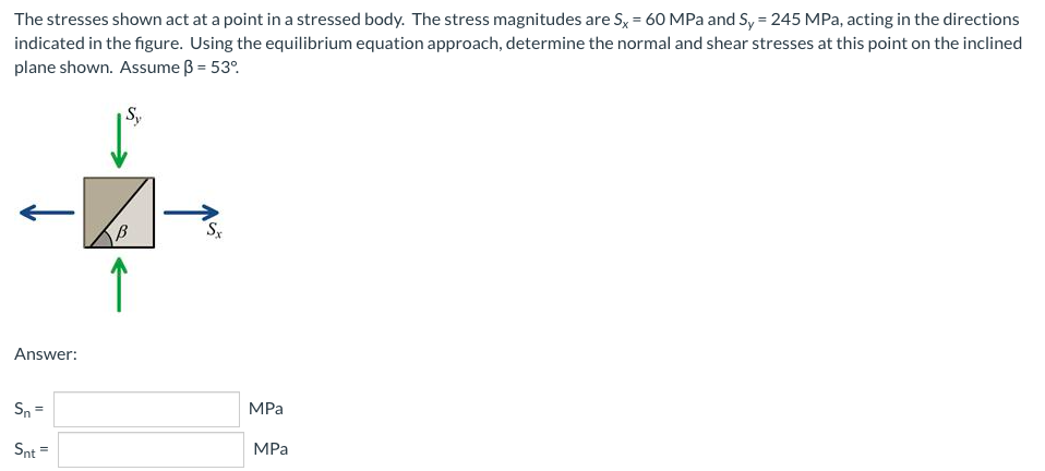 The stresses shown act at a point in a stressed body. The stress magnitudes are Sx = 60 MPa and Sy = 245 MPa, acting in the directions
indicated in the figure. Using the equilibrium equation approach, determine the normal and shear stresses at this point on the inclined
plane shown. Assume ß = 53°.
Answer:
Sn=
MPa
Snt =
MPa
