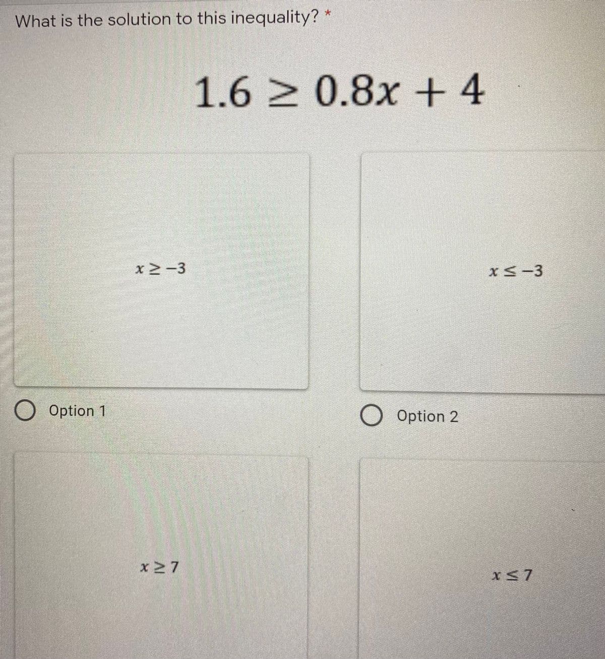 What is the solution to this inequality?
1.6 2 0.8x + 4
x2-3
xS-3
O Option 1
O Option 2
x27
