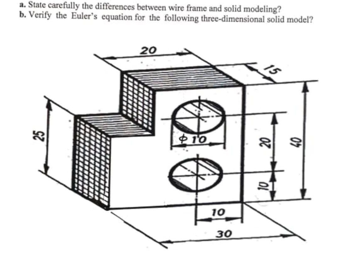 a. State carefully the differences between wire frame and solid modeling?
b. Verify the Euler's equation for the following three-dimensional solid model?
20
10
25
10
30
20
RI
07