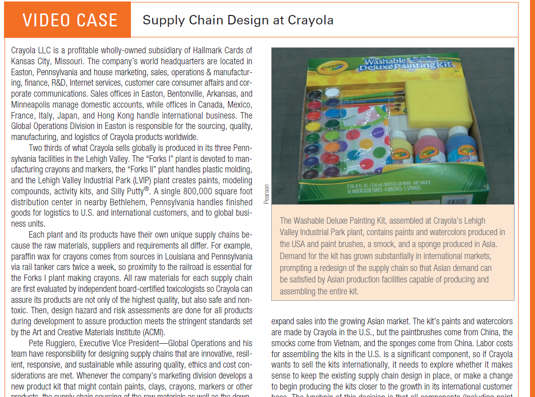 VIDEO CASE
Supply Chain Design at Crayola
Crayola LLC is a profitable wholly-owned subsidiary of Hallmark Cards of
Kansas City, Missouri. The company's world headquarters are located in
Easton, Pennsylvania and house marketing, sales, operations & manufactur-
ing, finance, R&D, Internet services, customer care consumer affairs and cor-
porate communications. Sales offices in Easton, Bentonville, Arkansas, and
Minneapolis manage domestic accounts, while offices in Canada, Mexico,
France, Italy, Japan, and Hong Kong handle international business. The
Global Operations Division in Easton is responsible for the sourcing, quality,
manufacturing, and logistics of Crayola products worldwide.
Two thirds of what Crayola sells globally is produced in its three Penn-
Washable
DeluxePainting Kit
Crsyola,
sylvania facilities in the Lehigh Valley. The "Forks I" plant is devoted to man-
ufacturing crayons and markers, the "Forks II" plant handles plastic molding,
and the Lehigh Valley Industrial Park (LVIP) plant creates paints, modeling
compounds, activity kits, and Silly Putty®. A single 800,000 square foot
distribution center in nearby Bethlehem, Pennsylvania handles finished
goods for logistics to U.S. and international customers, and to global busi-
ness units.
JEABILN m OES OF
4 VATERCOLOR PAINTS 4 BRISHES-55
AT SACCI
The Washable Deluxe Painting Kit, assembled at Crayola's Lehigh
Valley Industrial Park plant, contains paints and watercolors produced in
the USA and paint brushes, a smock, and a sponge produced in Asia.
Demand for the kit has grown substantially in international markets,
prompting a redesign of the supply chain so that Asian demand can
be satisfied by Asian production facilities capable of producing and
assembling the entire kit.
Each plant and its products have their own unique supply chains be-
cause the raw materials, suppliers and requirements all differ. For example,
paraffin wax for crayons comes from sources in Louisiana and Pennsylvania
via rail tanker cars twice a week, so proximity to the railroad is essential for
the Forks I plant making crayons. All raw materials for each supply chain
are first evaluated by independent board-certified toxicologists so Crayola can
assure its products are not only of the highest quality, but also safe and non-
toxic. Then, design hazard and risk assessments are done for all products
during development to assure production meets the stringent standards set
by the Art and Creative Materials Institute (ACMI).
Pete Ruggiero, Executive Vice President-Global Operations and his
team have responsibility for designing supply chains that are innovative, resil-
ient, responsive, and sustainable while assuring quality, ethics and cost con-
siderations are met. Whenever the company's marketing division develops a
new product kit that might contain paints, clays, crayons, markers or other
expand sales into the growing Asian market. The kit's paints and watercolors
are made by Crayola in the U.S., but the paintbrushes come from China, the
smocks come from Vietnam, and the sponges come from China. Labor costs
for assembling the kits in the U.S. is a significant component, so if Crayola
wants to sell the kits internationally, it needs to explore whether it makes
sense to keep the existing supply chain design in place, or make a change
to begin producing the kits closer to the growth in its international customer
producte tho cupplyLchain COurcin g of tho row matoriale ac woll ac tho down
booo The lynohpin of thie dooigion io that olL oompo nonto (inoluding point
