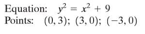 Equation: y = x² + 9
Points: (0, 3); (3,0); (-3,0)
