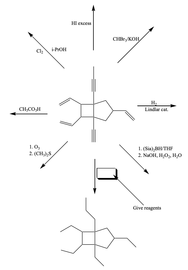 HI exсess
CHB1,/KOH,
i-PrOH
Cl2
H,
CH;CO;H
Lindlar cat.
1. О,
2. (CH3)2S
1. (Sia),BH/THF
2. NaOH, H,O2, H0
Give reagents
