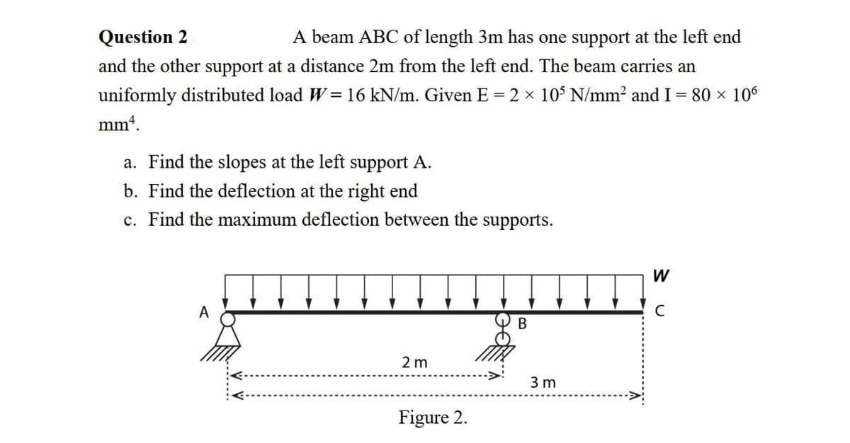 Question 2
A beam ABC of length 3m has one support at the left end
and the other support at a distance 2m from the left end. The beam carries an
uniformly distributed load W=16 kN/m. Given E = 2 x 10$ N/mm? and I = 80 × 106
mm4.
a. Find the slopes at the left support A.
b. Find the deflection at the right end
c. Find the maximum deflection between the supports.
W
A
C
2 m
3 m
Figure 2.
